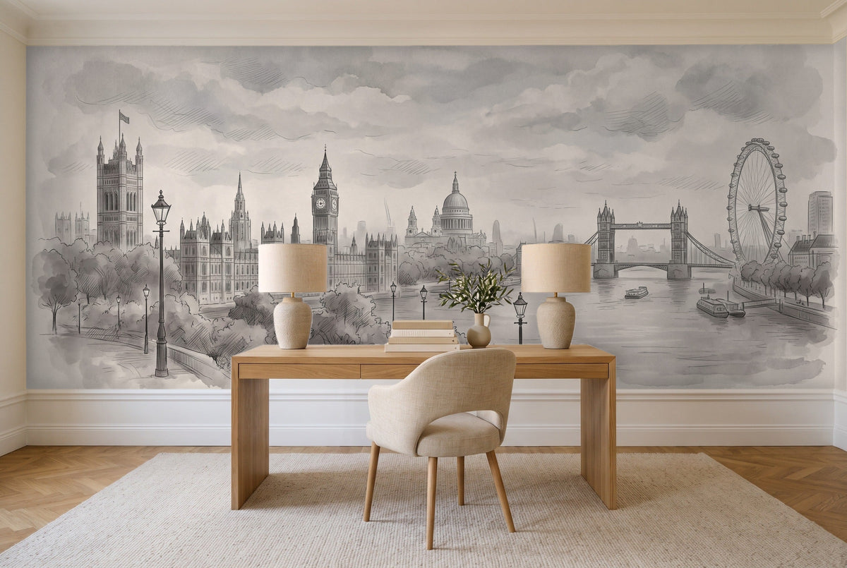 Grey London Cityscape Mural in a home office
