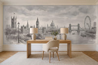 Grey London Cityscape Mural in a home office