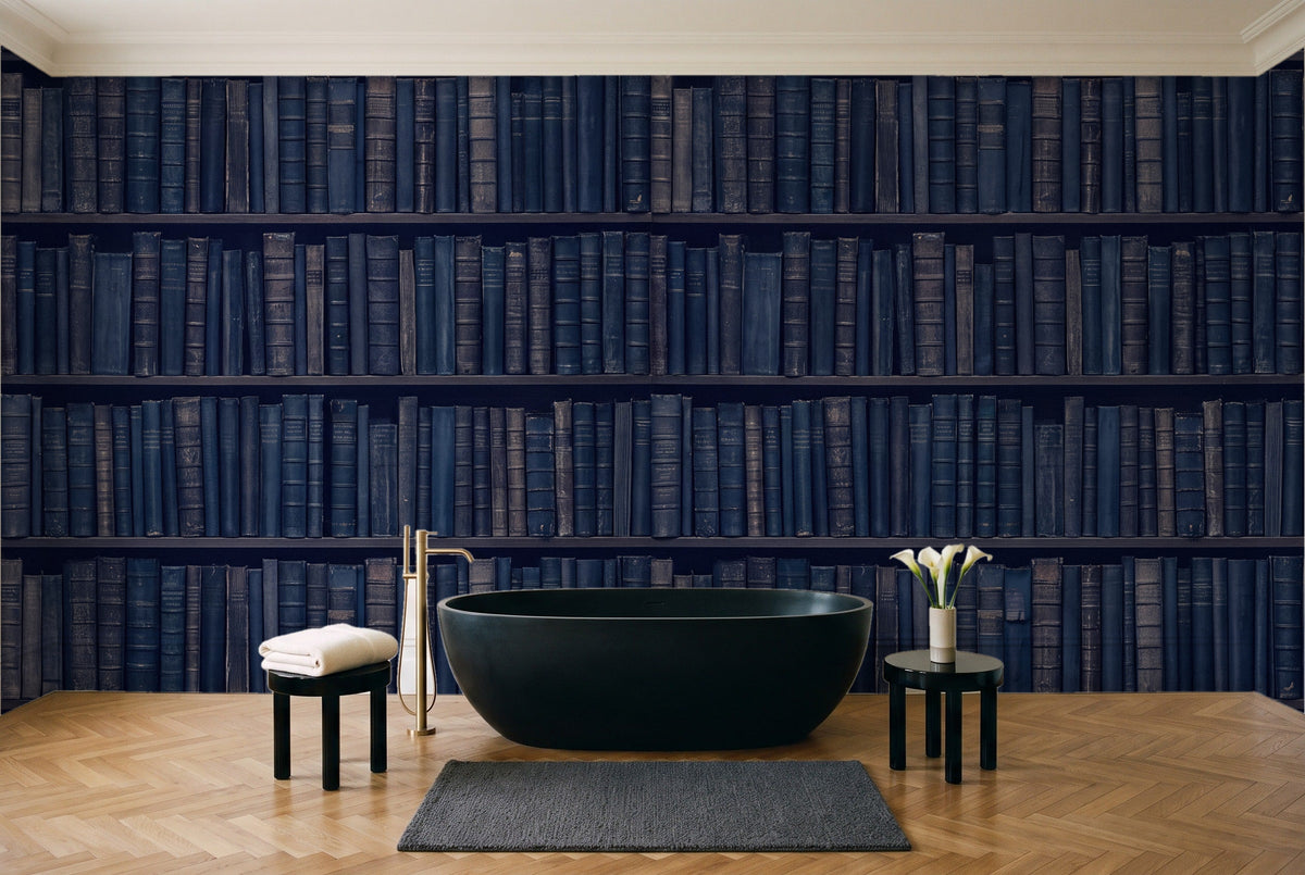 Navy Bookshelf Library Mural in a bathroom