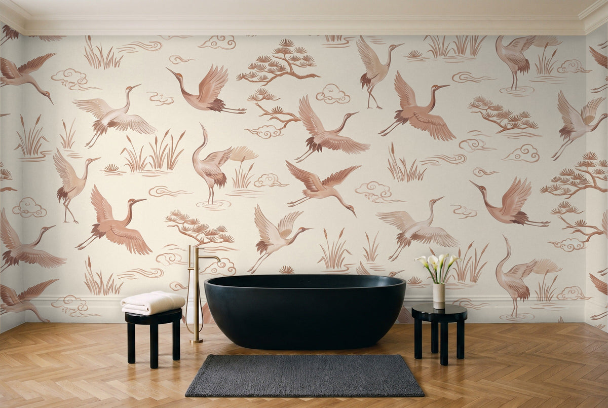 Blush Crane Animal Mural in a bathroom