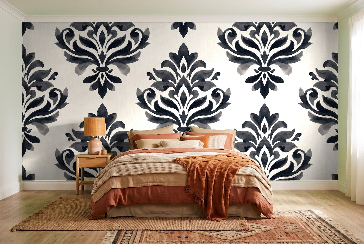 Black Damask Mural in an interior
