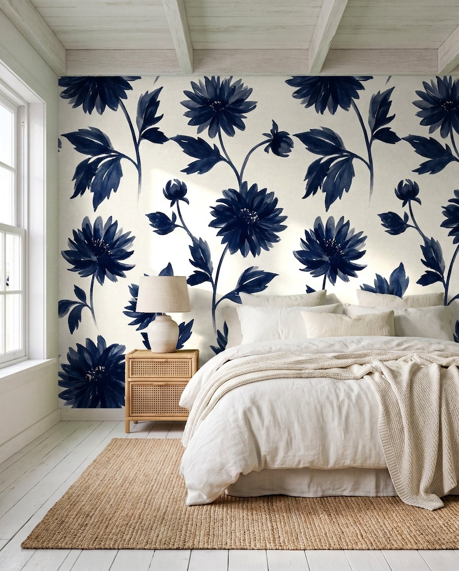 Navy Dahlia Floral Mural in an interior