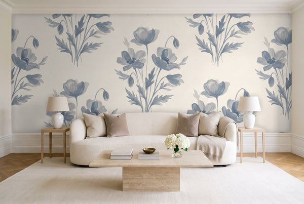 Blue And Grey Poppy Floral Mural