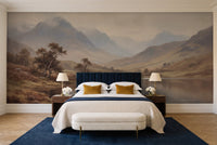 Blue And Grey Highlands Landscape Mural in a bedroom