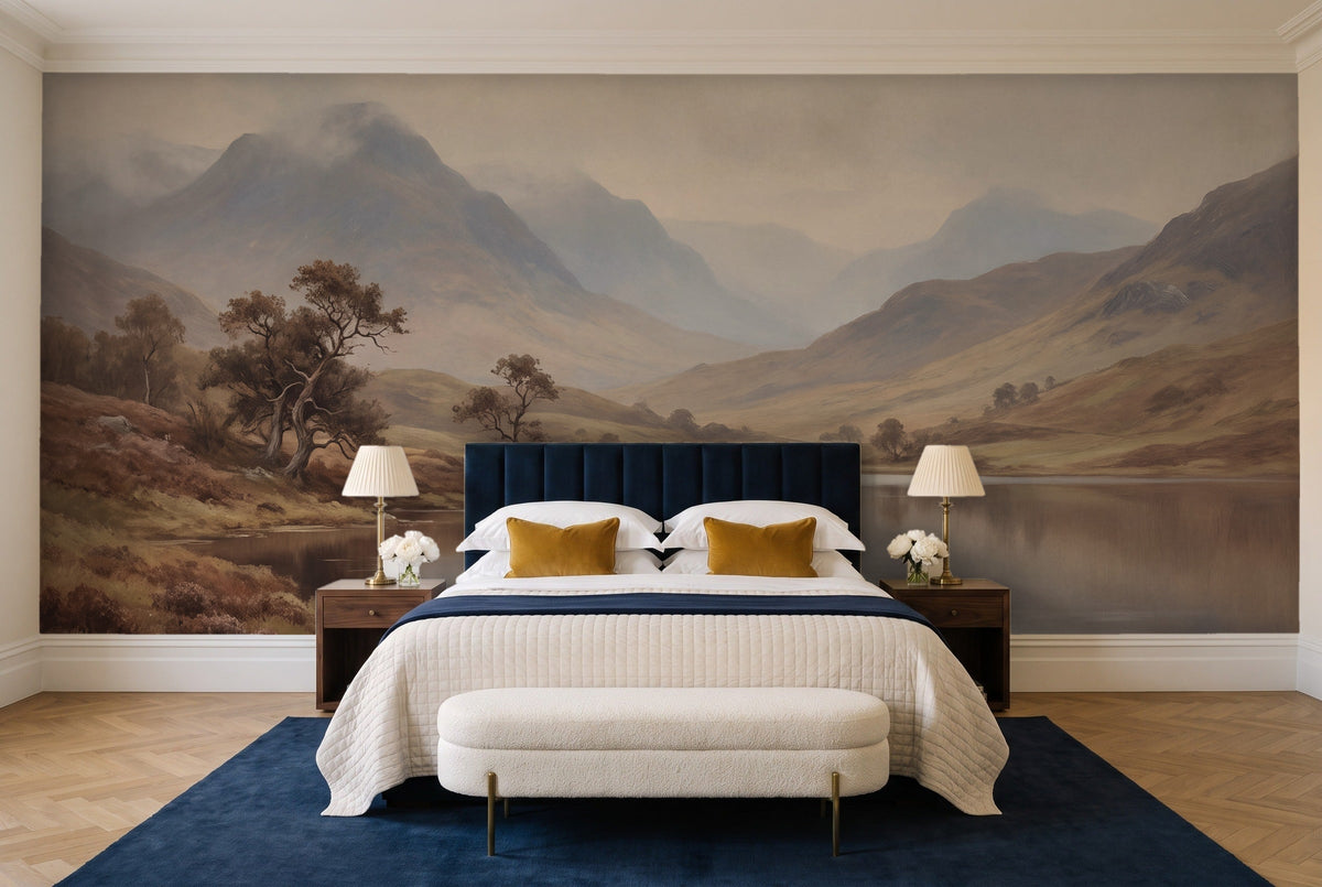 Blue And Grey Highlands Landscape Mural in a bedroom