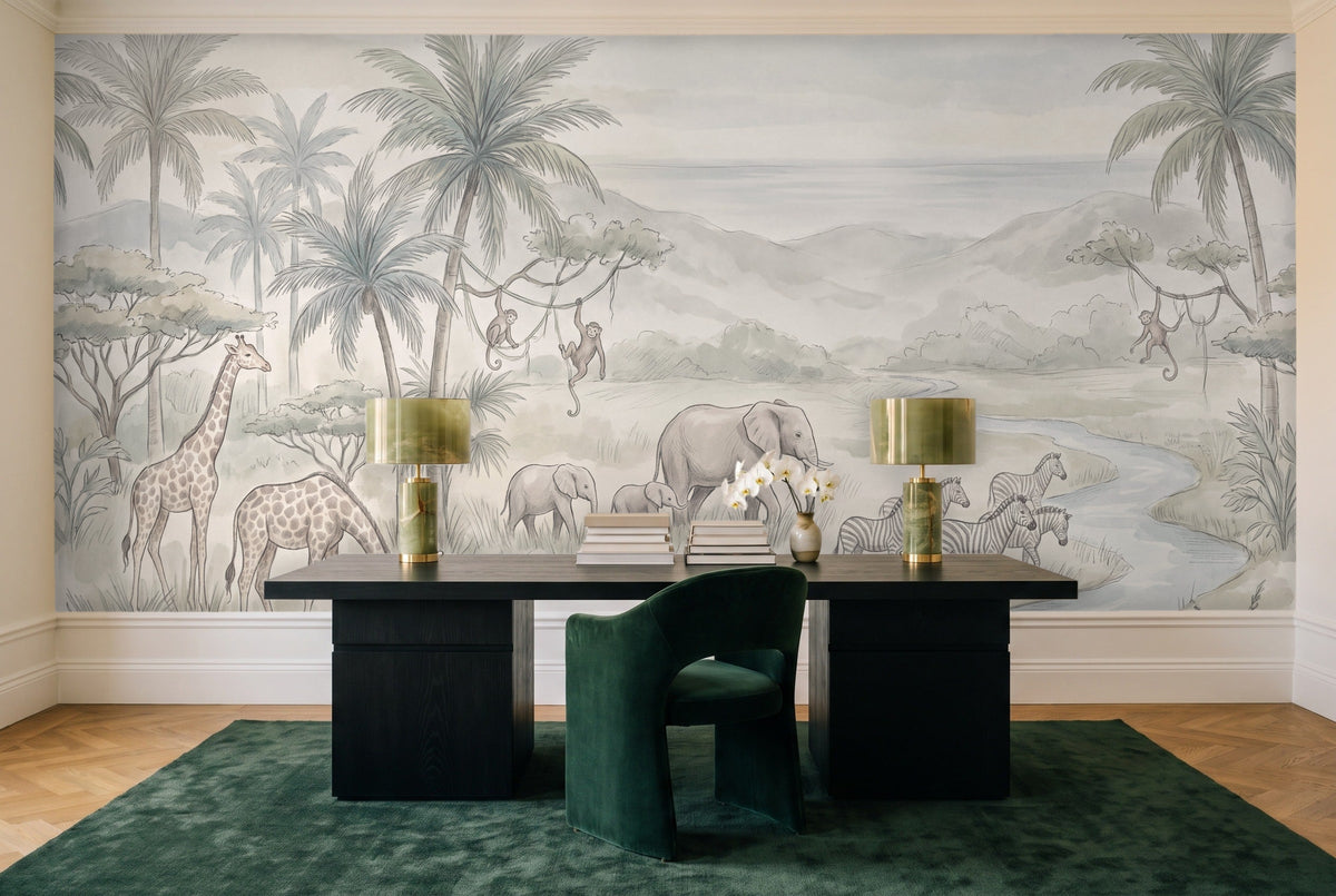 Sage Jungle Animals Landscape Mural in a home office