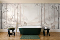 Cream Woodland Animals Landscape Mural in a bathroom
