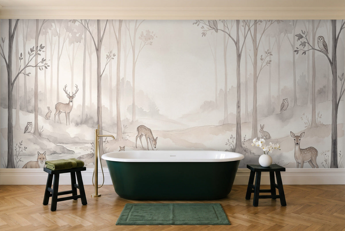 Cream Woodland Animals Landscape Mural in a bathroom