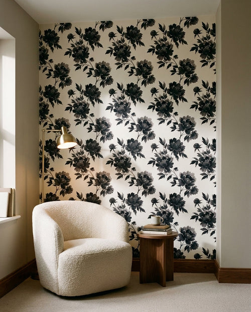 Black Peony Floral Mural on a feature wall