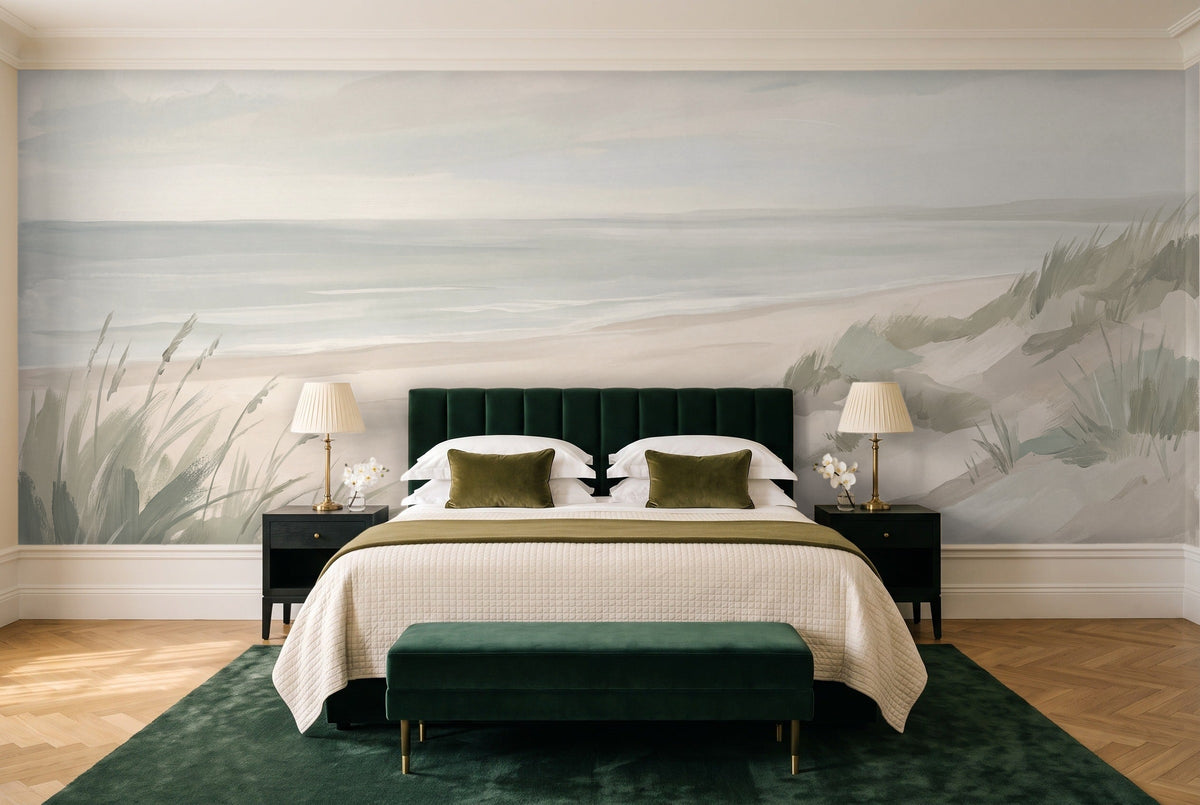 Sage Beach Landscape Mural in a bedroom