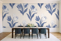 Blue And White Tulip Floral Mural in a dining room