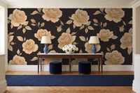 Black And Gold Rose Floral Mural in an entryway
