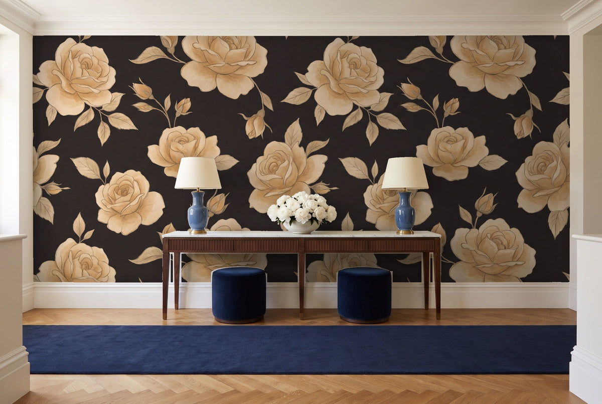 Black And Gold Rose Floral Mural in an entryway
