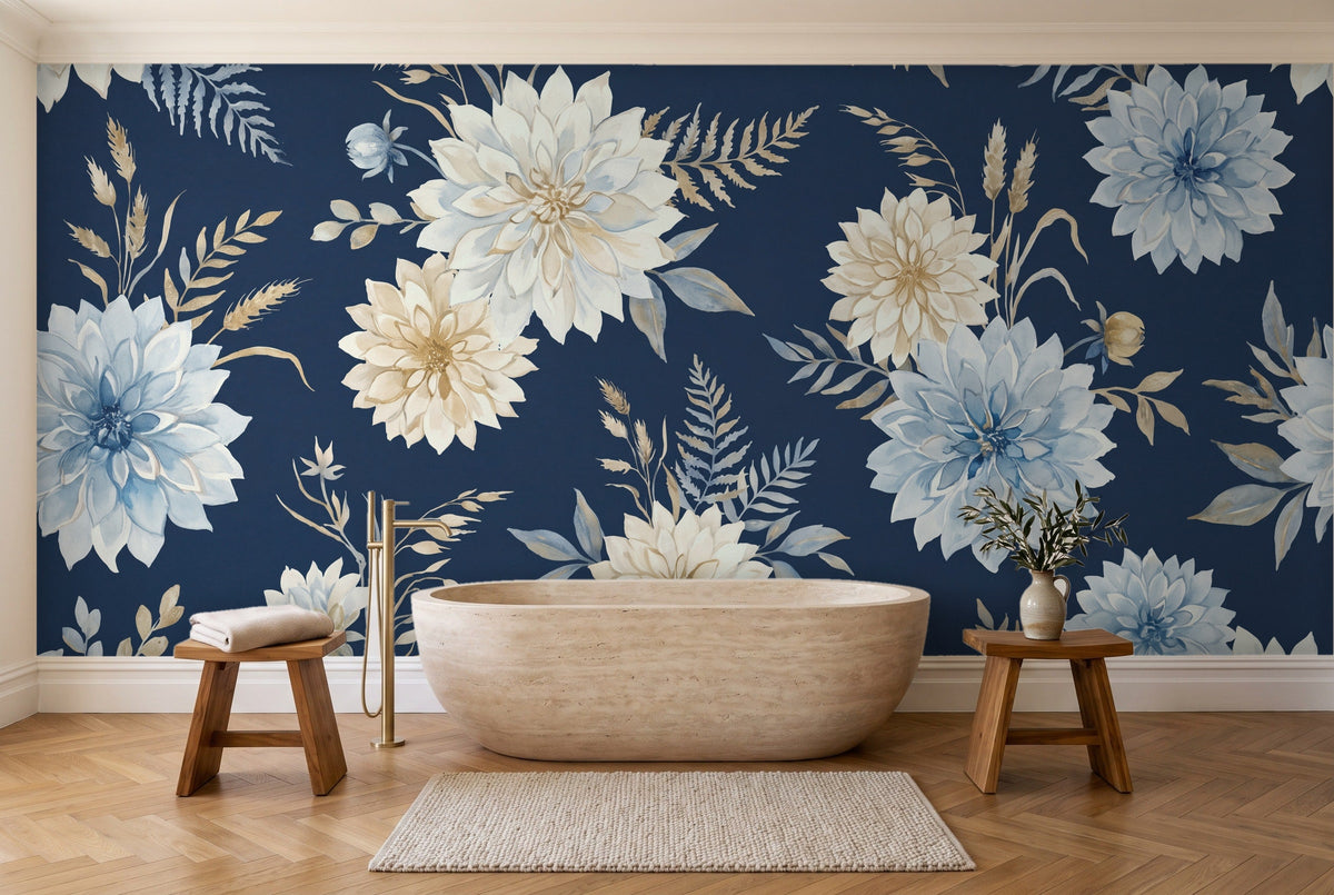 Navy Dahlia Floral Mural in a bathroom