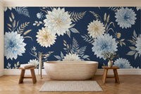 Navy Dahlia Floral Mural in a bathroom