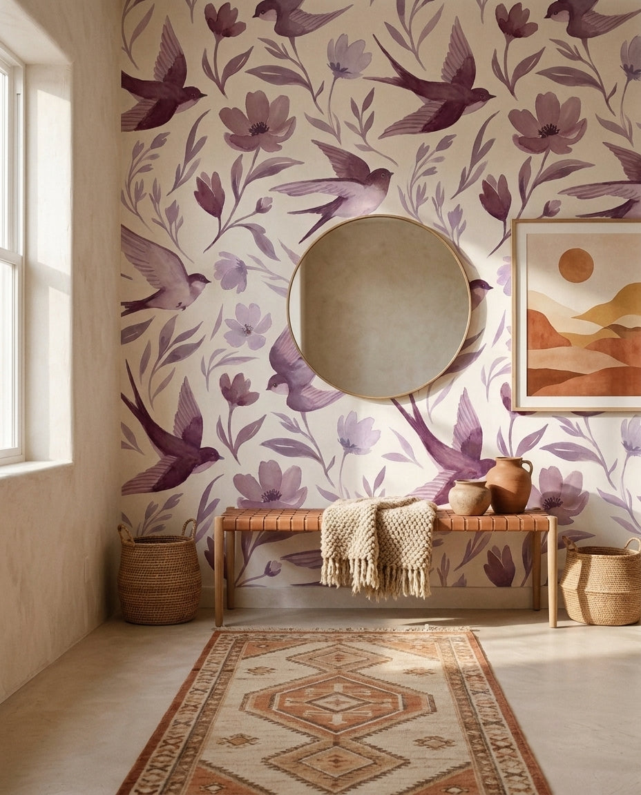 Purple Swallow Animal Mural in an interior