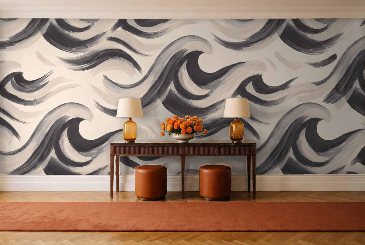 Black And White Wave Abstract Mural in an entryway