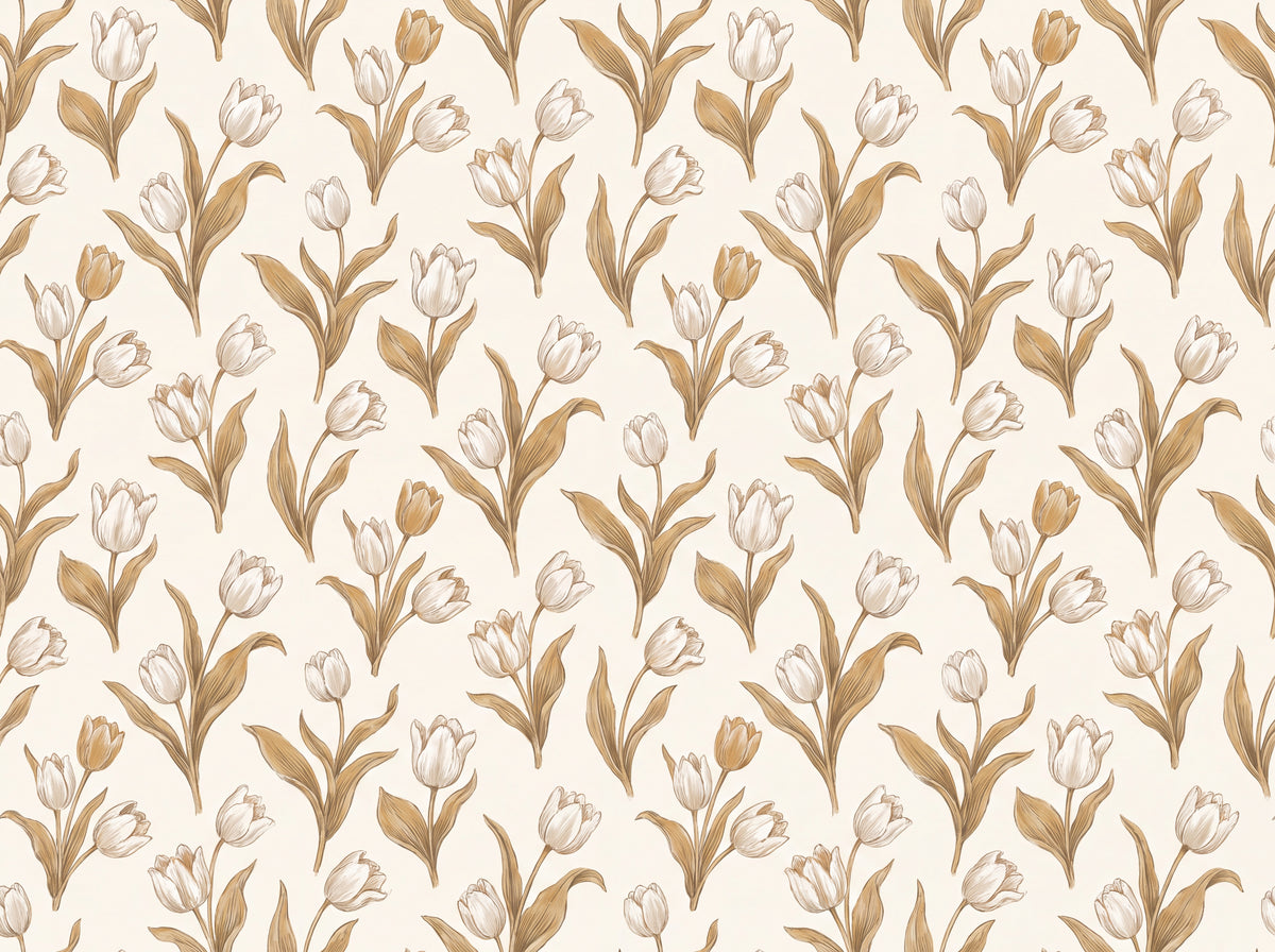 White And Gold Tulip Floral Mural placed in your room