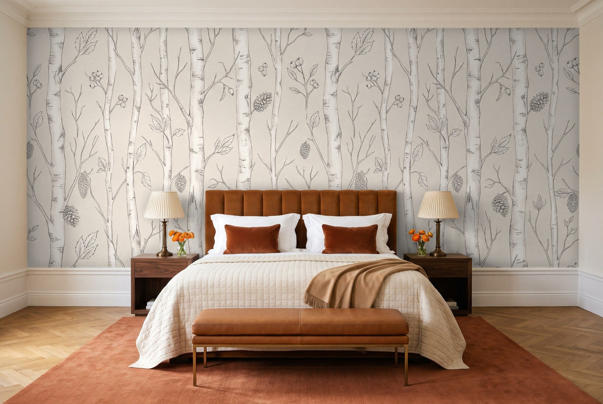White Birch Botanical Mural in a bedroom