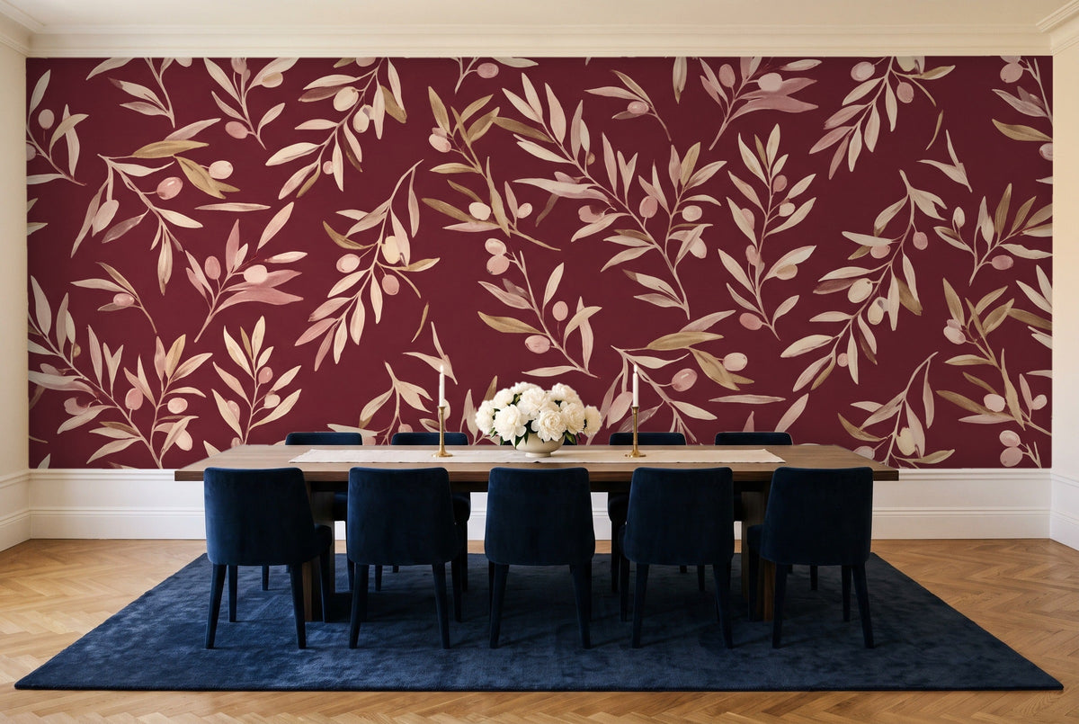 Burgundy Olive Branch Botanical Mural in a dining room
