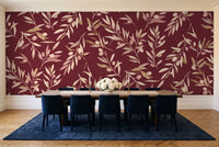 Burgundy Olive Branch Botanical Mural in a dining room
