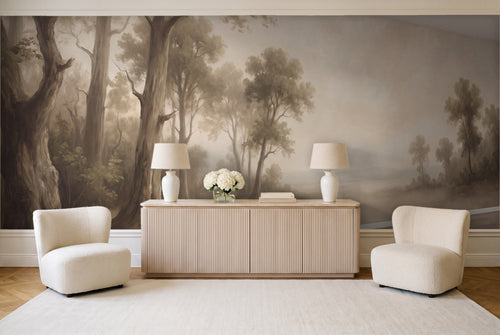 Beige Forest Landscape Mural in a living room