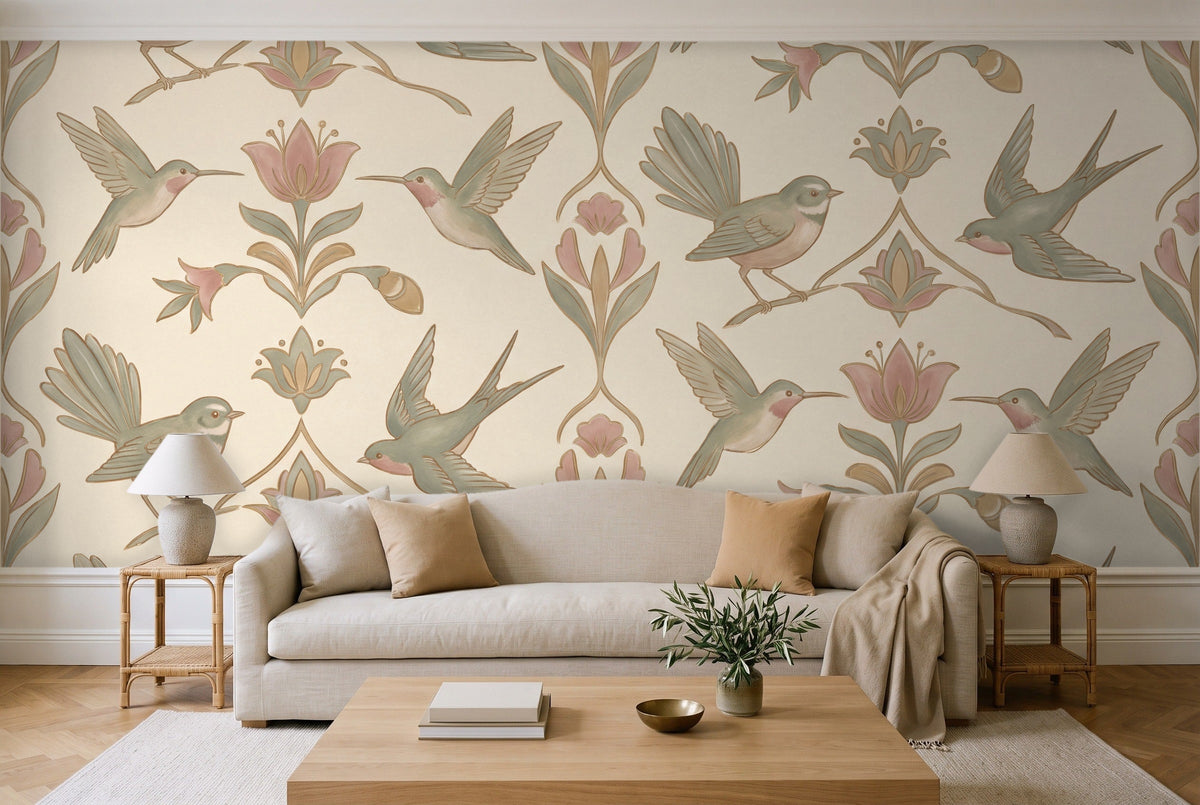Green And Pink Songbird Animal Mural in a living room