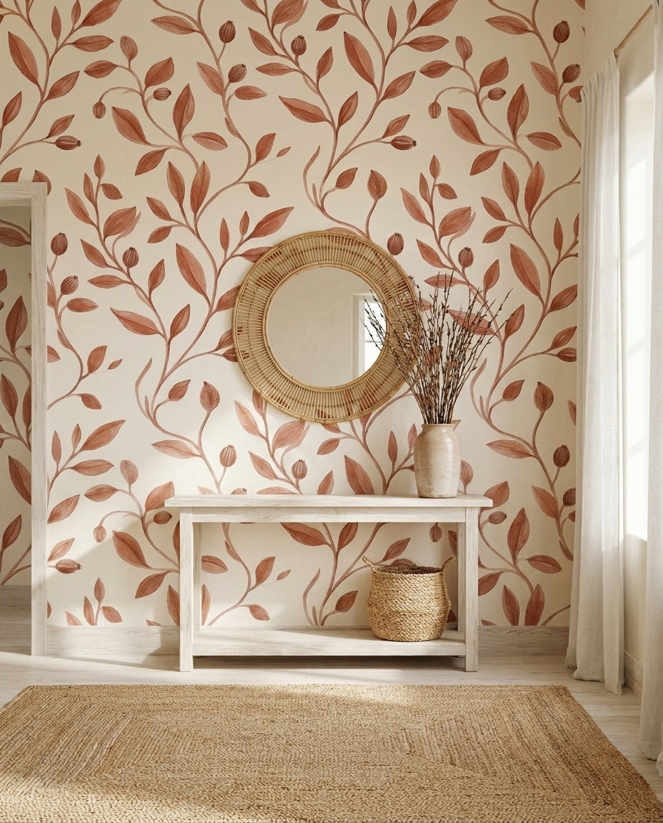Terracotta Vine Botanical Mural in an interior