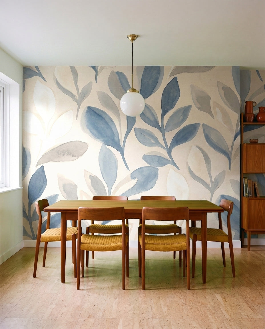 Blue-and-grey Leaf Botanical Mural on a feature wall