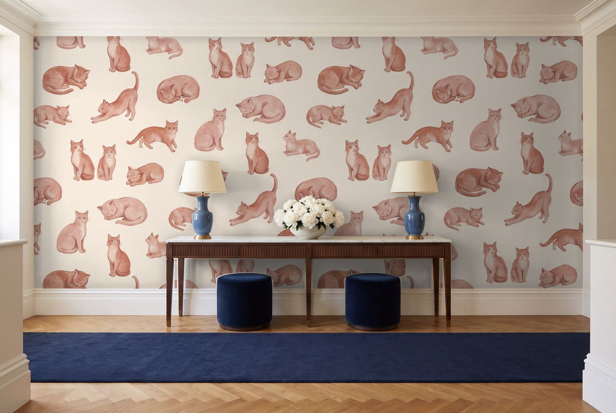 Blush Cat Animal Mural in an entryway