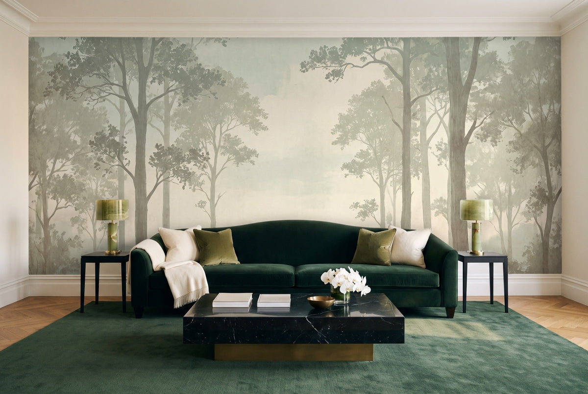 Mint Forest Landscape Mural in a living room