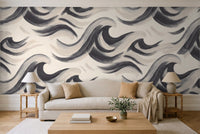 Black And White Wave Abstract Mural in a living room