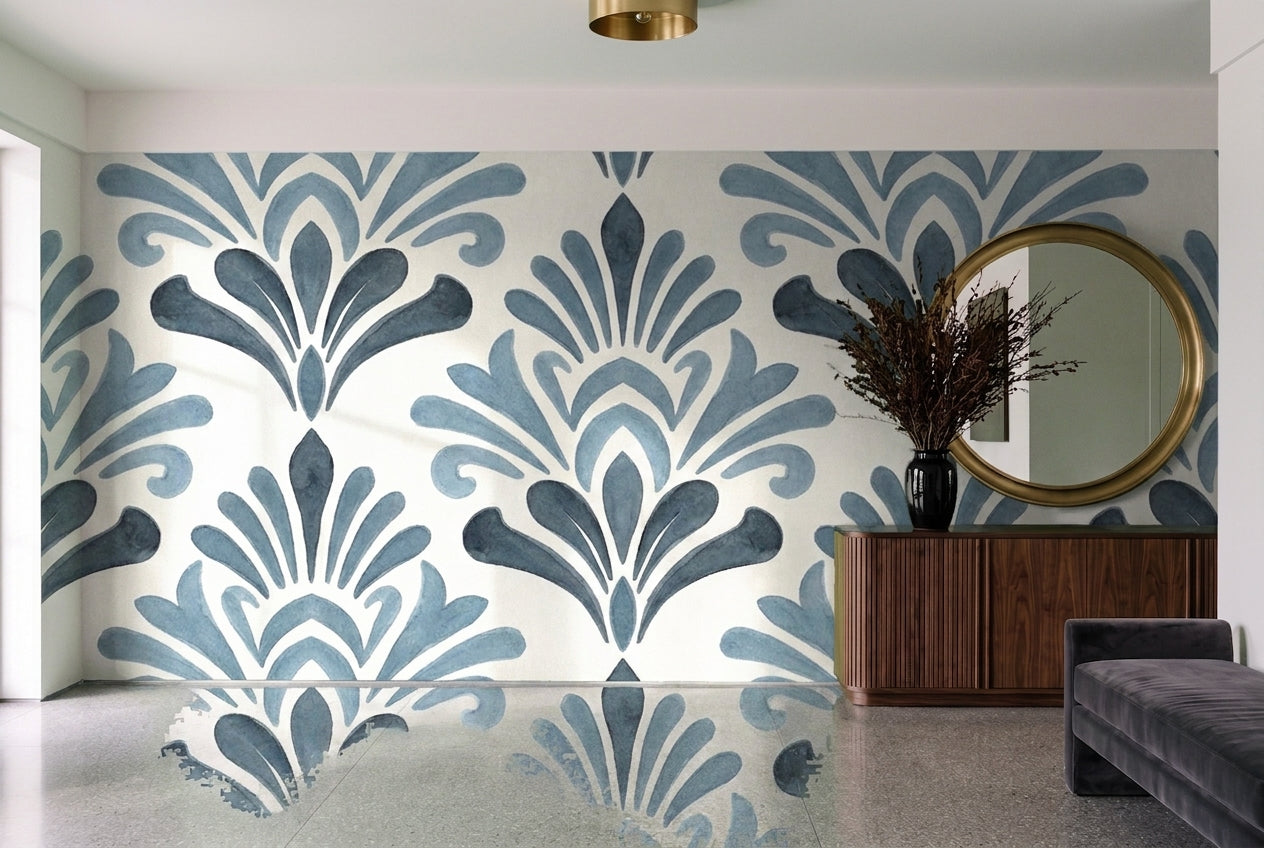 Blue Damask Mural on a feature wall