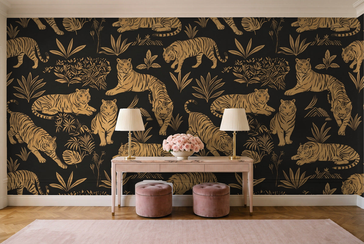 Black And Gold Tiger Animal Mural in an entryway