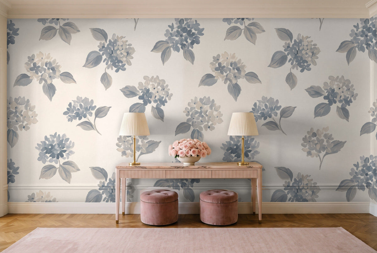 Blue And Grey Hydrangea Floral Mural in an entryway
