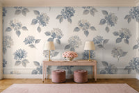 Blue And Grey Hydrangea Floral Mural in an entryway