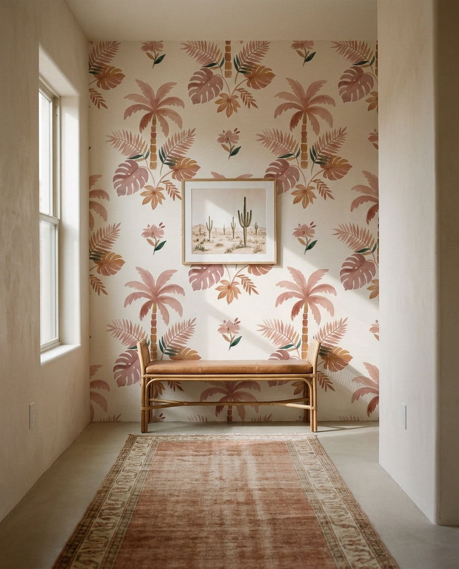 Blush Palm Tropical Mural on a feature wall