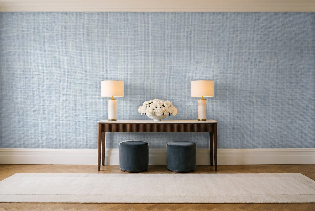 Light Blue Linen Texture Mural in an entryway