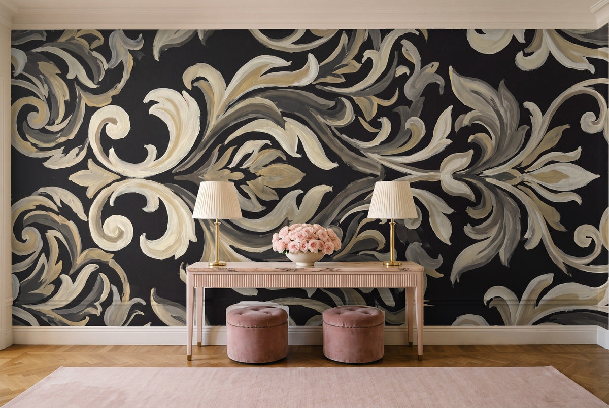 Black Damask Mural in an entryway
