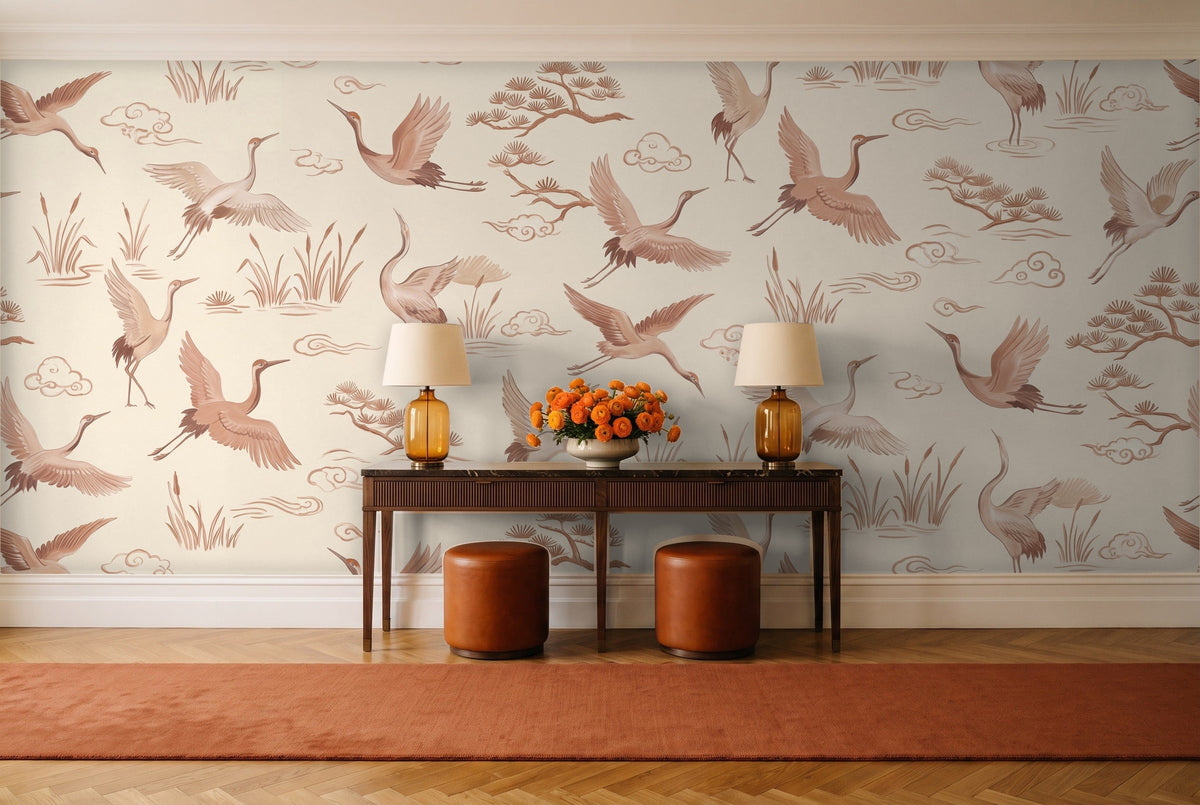 Blush Crane Animal Mural in an entryway