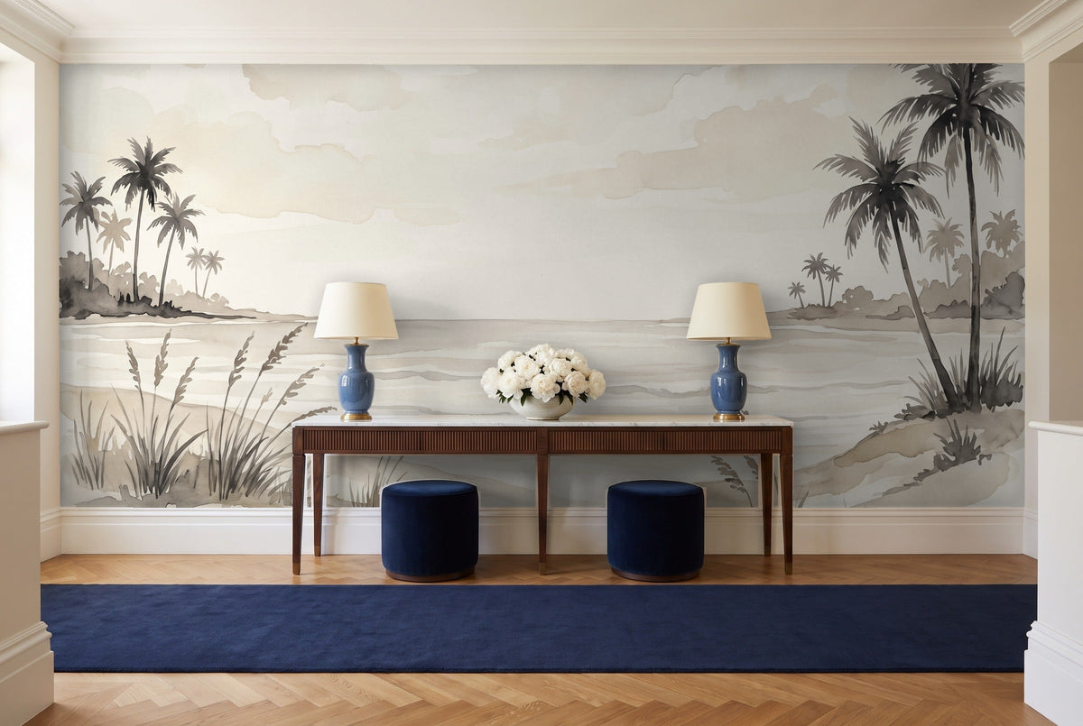 Cream Beach Landscape Mural in an entryway