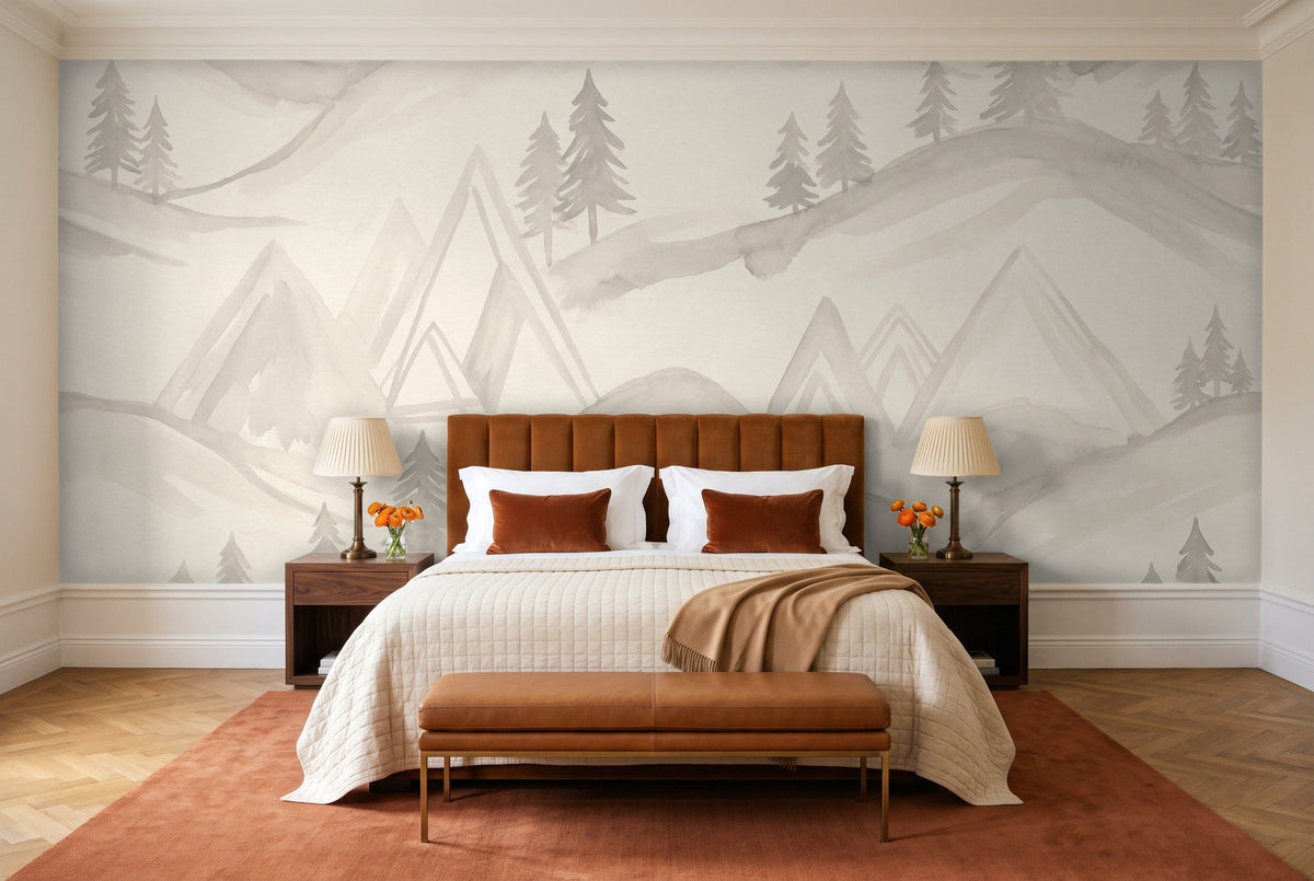 White Mountain Landscape Mural in a bedroom