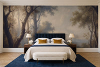 Navy Forest Landscape Mural in a bedroom