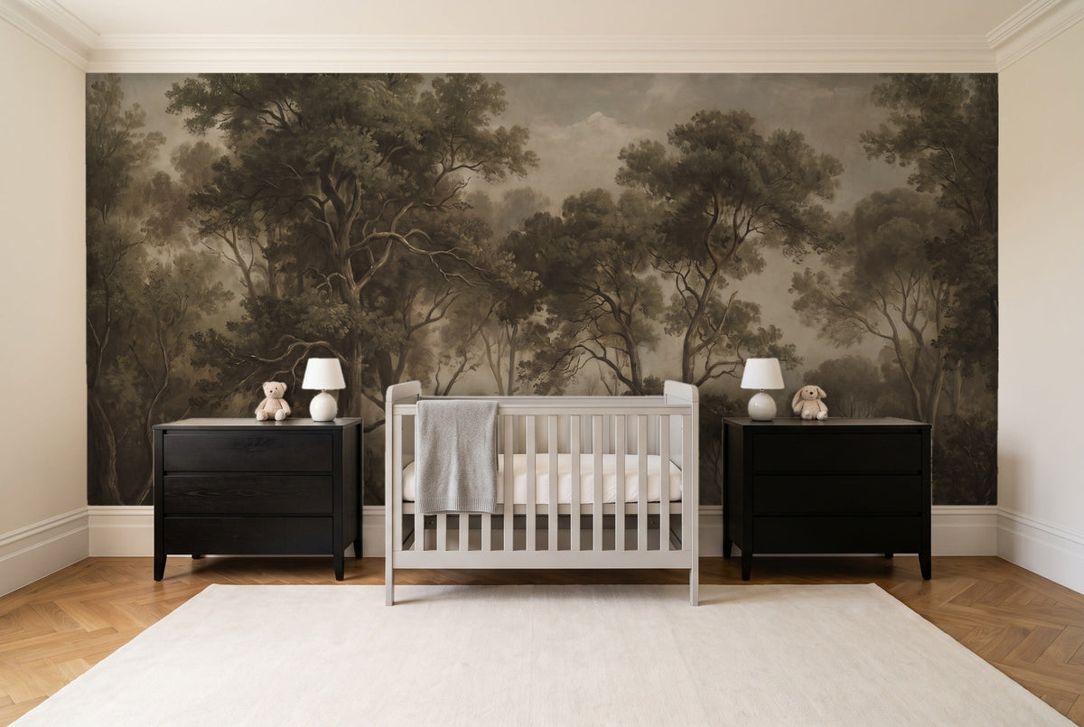 Olive Forest Landscape Mural in a nursery