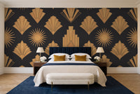 Black And Gold Art Deco Mural in a bedroom