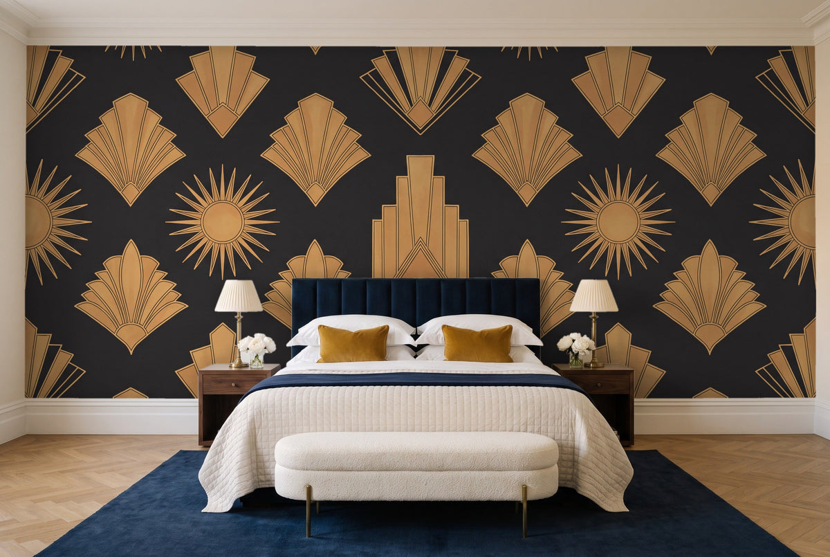 Black And Gold Art Deco Mural in a bedroom
