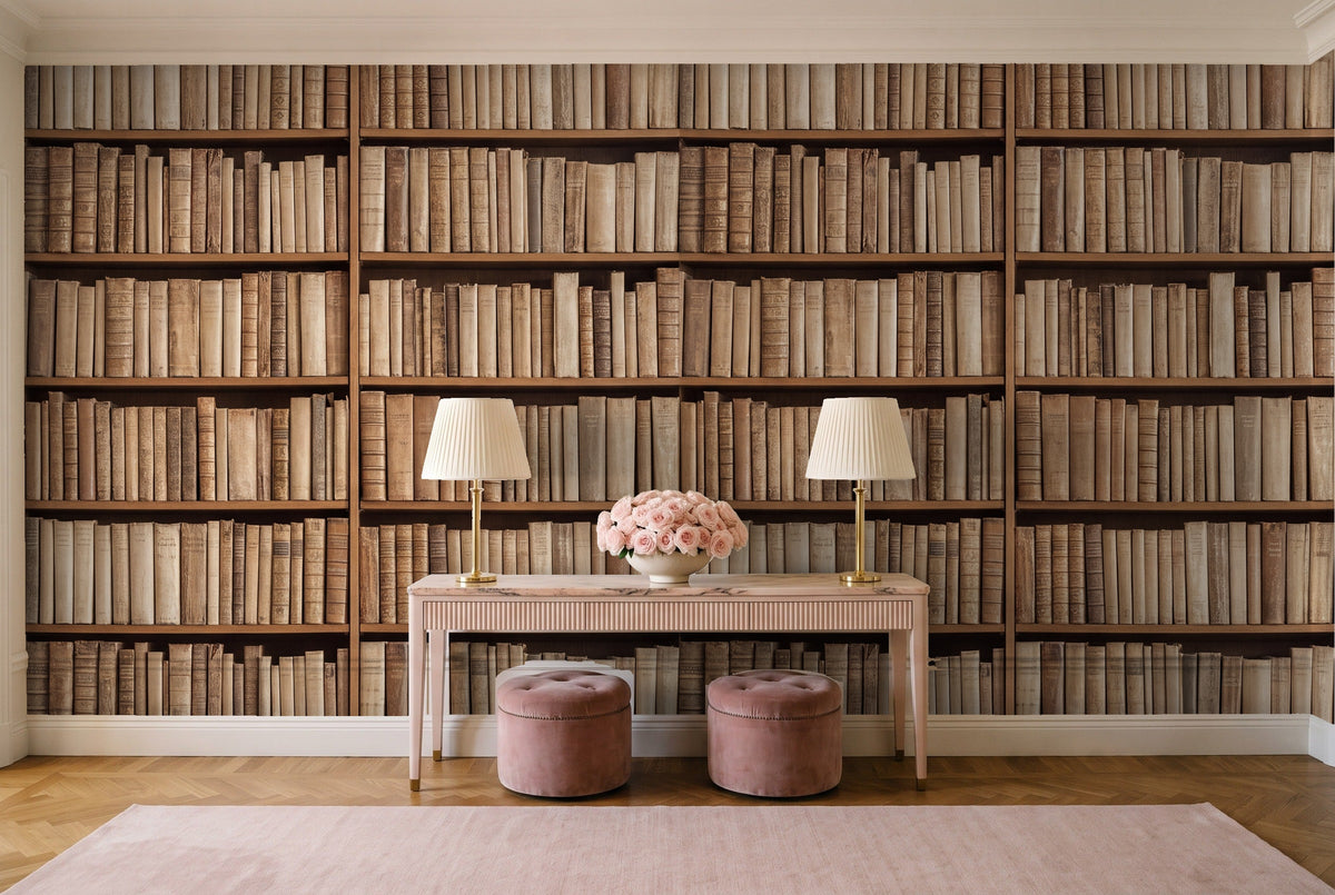 Beige Bookshelf Library Mural in an entryway