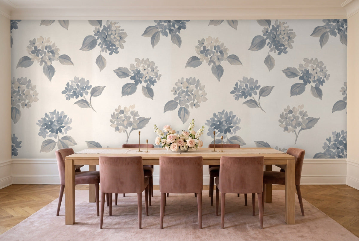 Blue And Grey Hydrangea Floral Mural in a dining room
