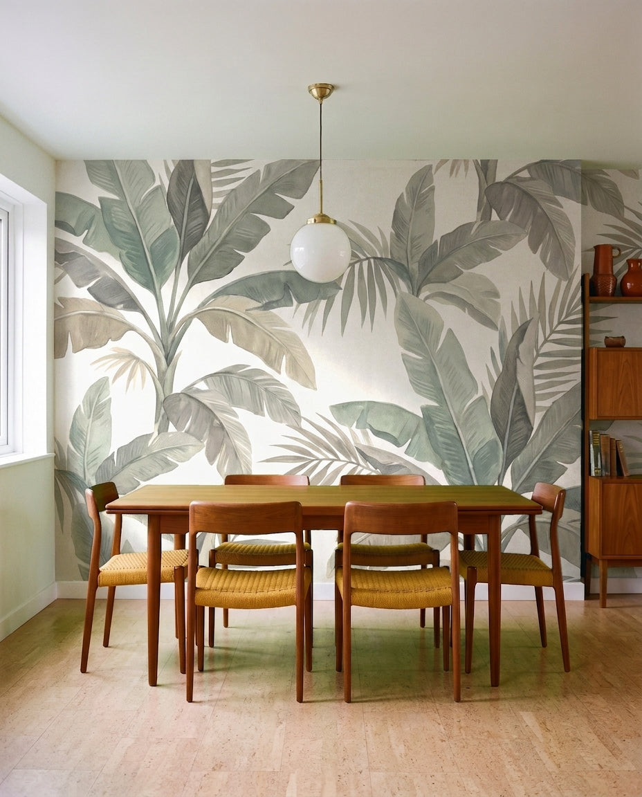 Sage Banana-leaf Tropical Mural in an interior