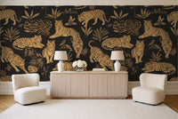 Black And Gold Tiger Animal Mural in a living room